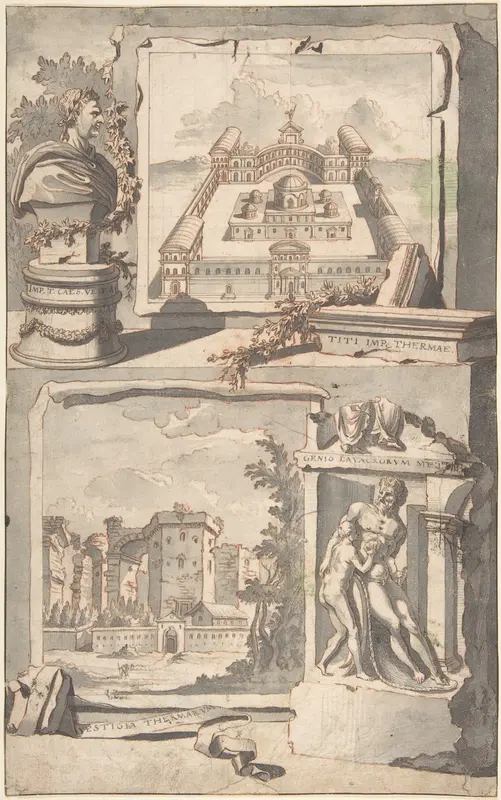Reconstruction of the Thermae of Titus (above) and a View of the Ruins (below) Wall Art by Jan Goeree - High-Resolution Digital Print
