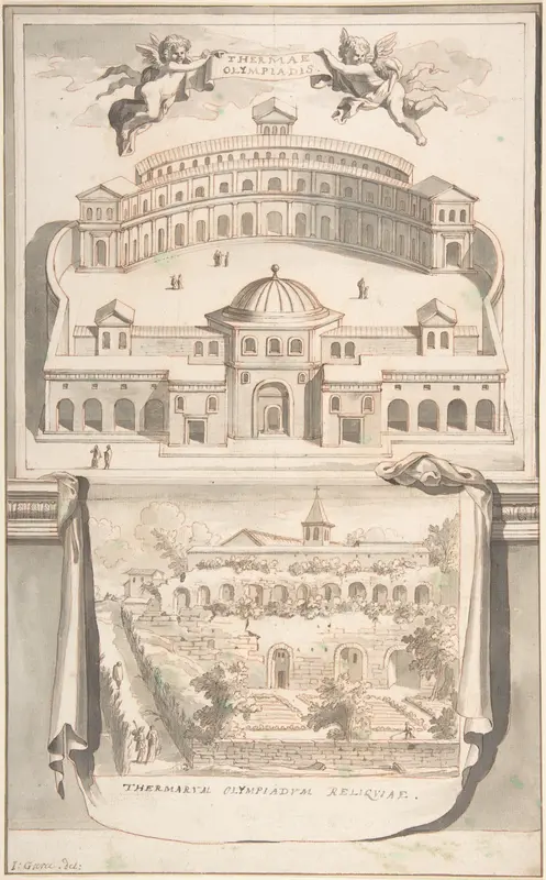 Reconstruction of the Thermae Olympiadis (above) and View of the Ruins (below) Wall Art by Jan Goeree - High-Resolution Digital Print