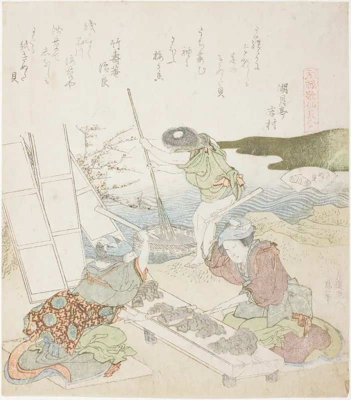 Recycling Paper, illustration for The Fulling-block Shell (Kinuta gai), from the series "A Matching Game with Genroku-period Poem Shells (Genroku kasen kai awase)" Wall Art by Katsushika Hokusai - High-Resolution Digital Print