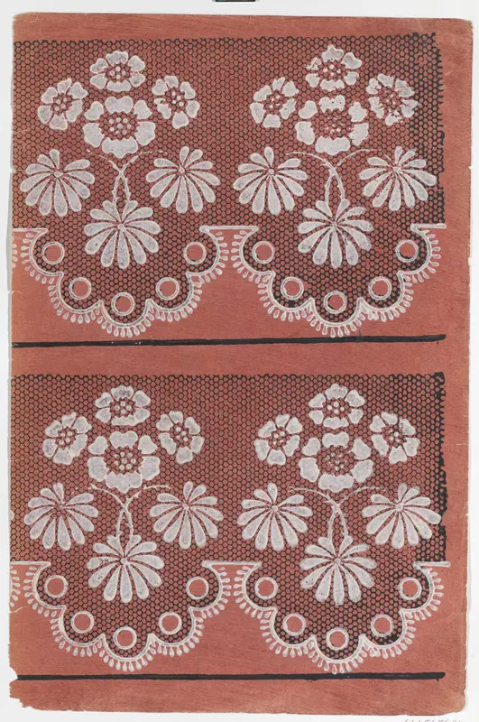 Red sheet with two borders with a white floral pattern atop a black lace pattern Wall Art by Anonymous - High-Resolution Digital Print