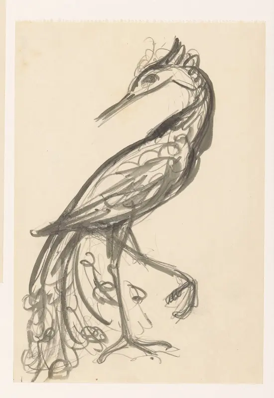 Reiger met zijn kop naar achter gedraaid en zijn poot opgetild Wall Art by Leo Gestel - High-Resolution Digital Print