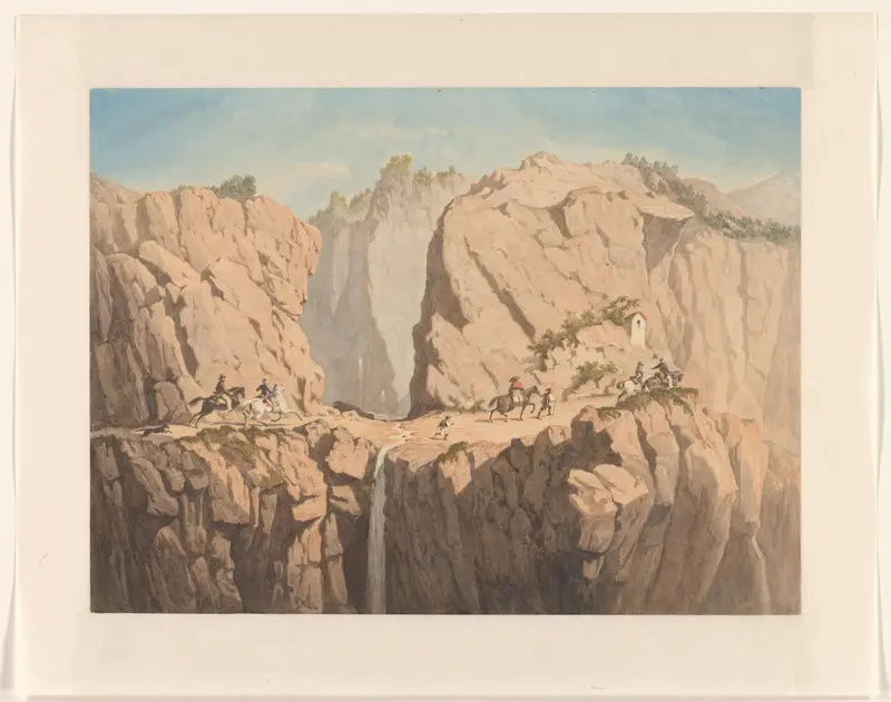 Reisgezelschap in een berglandschap met waterval, mogelijk de Pyreneeën Wall Art by Louis Charles Hora Siccama - High-Resolution Digital Print