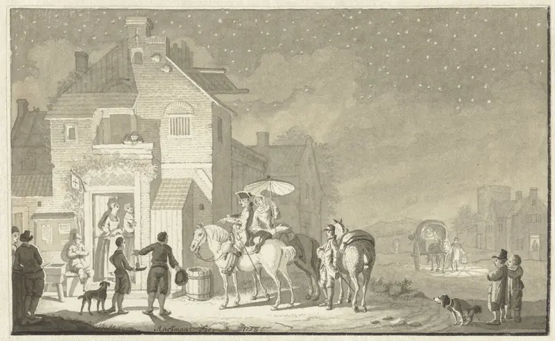Reisgezelschap voor herberg bij avond Wall Art by Nicolaes Aartman - High-Resolution Digital Print