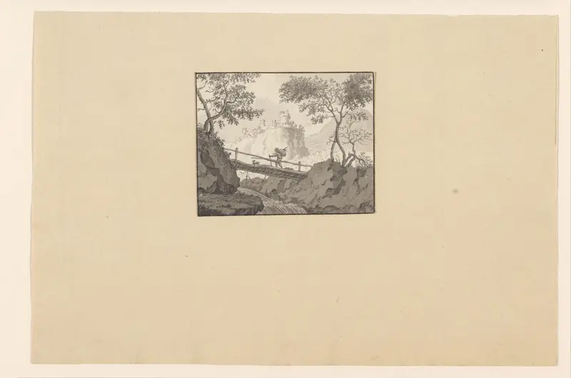 Reiziger op een bruggetje in berglandschap Wall Art by anonymous - High-Resolution Digital Print