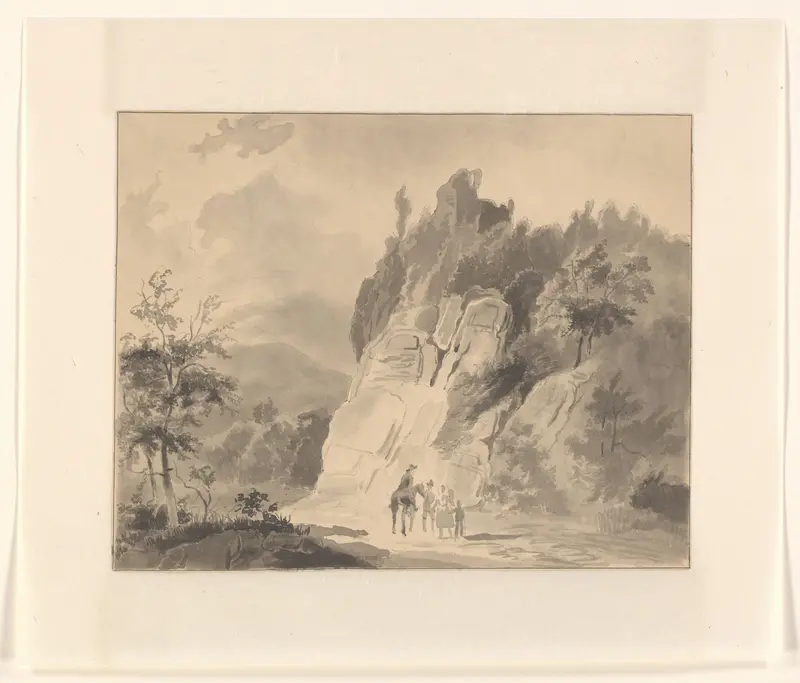 Reizigers bij een rotswand in een berglandschap Wall Art by Johannes van Reijn - High-Resolution Digital Print