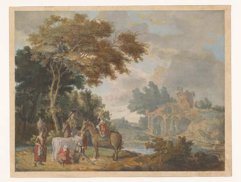 Reizigers en landlieden in een landschap met antieke ruïnes Wall Art by anonymous - High-Resolution Digital Print