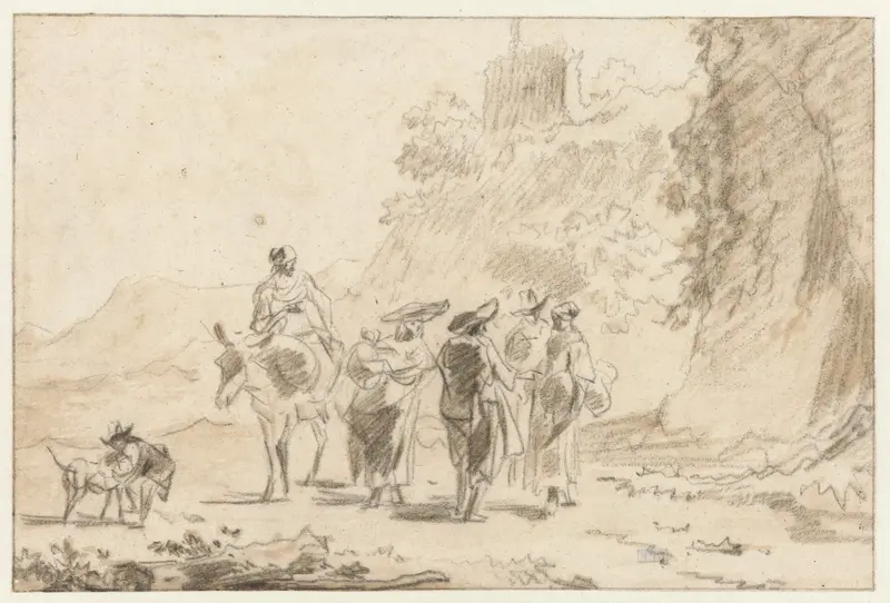 Reizigers in gesprek in een heuvelachtig landschap Wall Art by Unknown - High-Resolution Digital Print