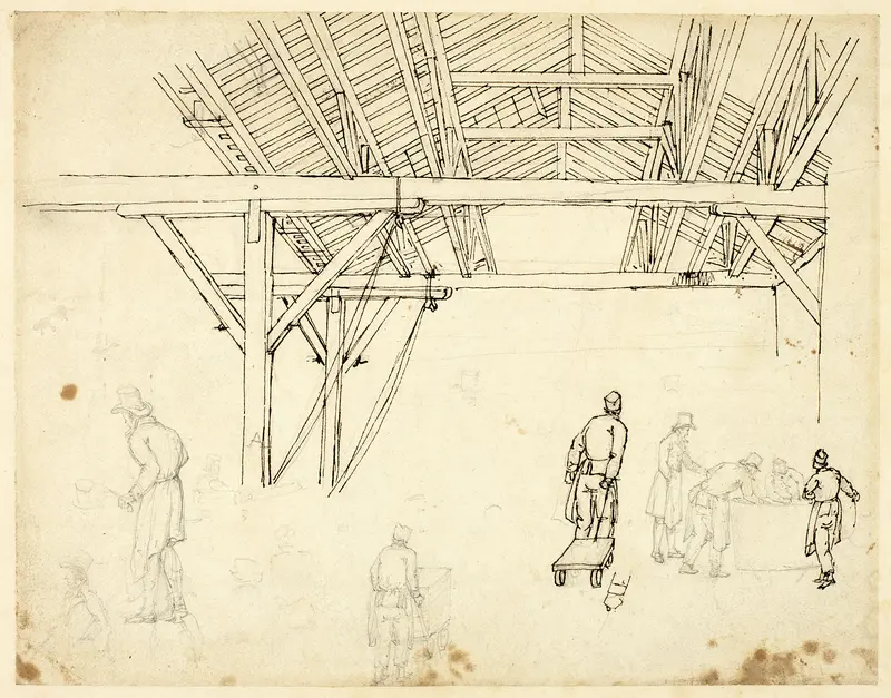 Rejected Study, possibly for an illustration of the Custom House, from Microcosm of London (recto); Sketches of Workers with Barrels (verso) Wall Art by Augustus Charles Pugin - High-Resolution Digital Print