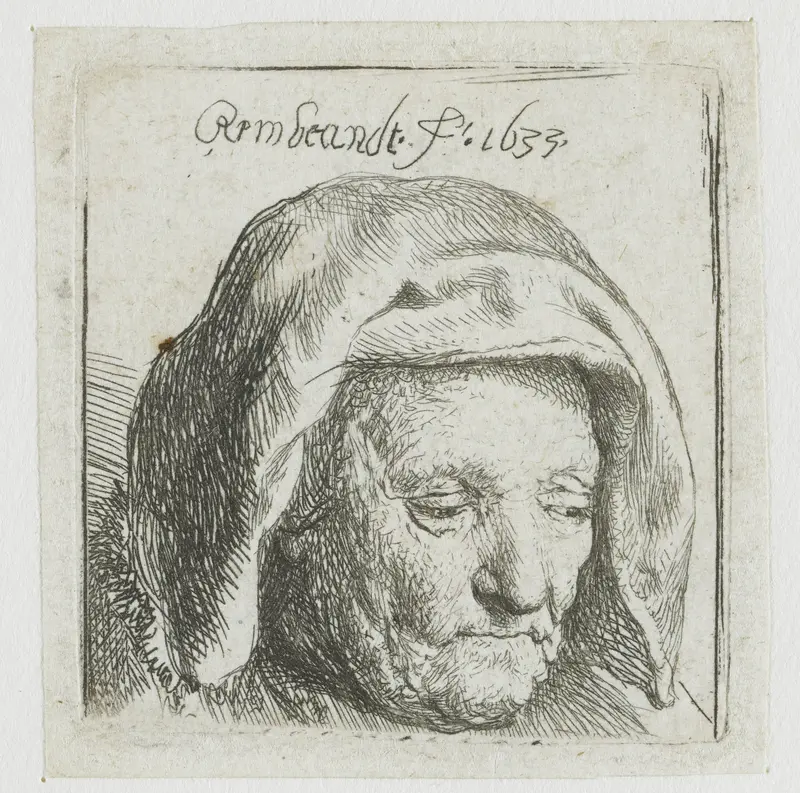 Rembrandt's moeder met een hoofddoek, blik naar beneden gericht: alleen de kop Wall Art by Unknown - High-Resolution Digital Print
