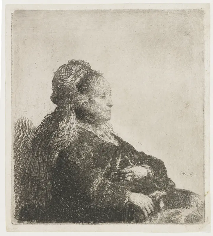 Rembrandt's moeder zittend, met oosterse hoofdtooi: ten halven lijve Wall Art by Unknown - High-Resolution Digital Print
