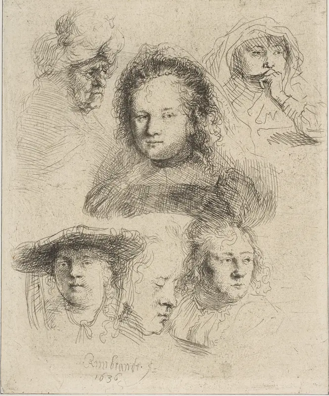 Rembrandt's Wife and Five Other Heads Wall Art by Rembrandt (Rembrandt van Rijn) - High-Resolution Digital Print
