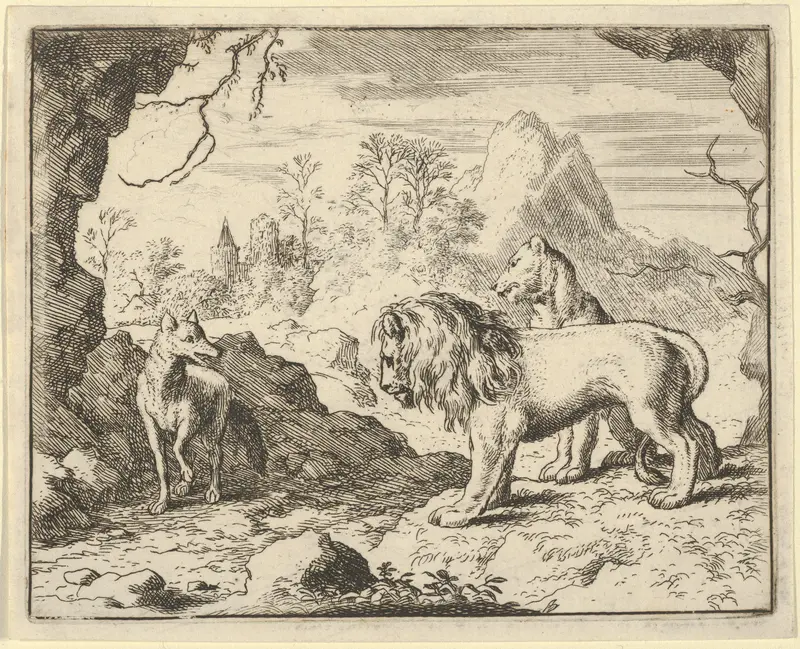 Renard Convinces the Lion and Lioness of Finding a Treasure His Father Stole from Them from Hendrick van Alcmar's Renard The Fox Wall Art by Allart van Everdingen - High-Resolution Digital Print