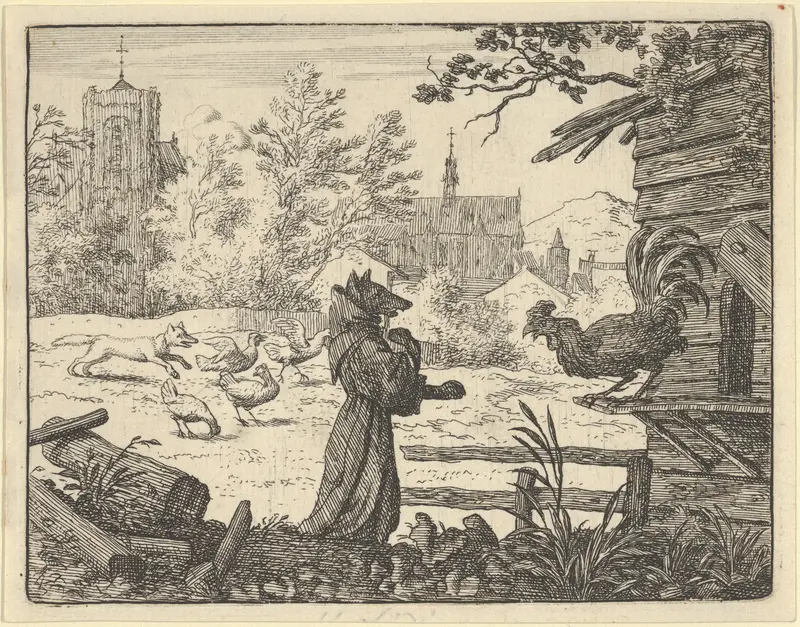 Renard, Disguised as a Monk, Gains the Confidence of the Rooster from Hendrick van Alcmar's Renard The Fox Wall Art by Allart van Everdingen - High-Resolution Digital Print