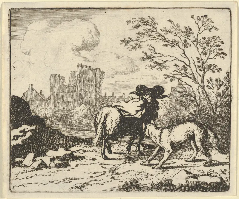 Renard Sends the Ram Back to the Lion with a Package Containing the Rabbit's Head from Hendrick van Alcmar's Renard The Fox Wall Art by Allart van Everdingen - High-Resolution Digital Print