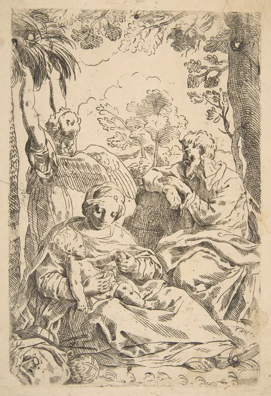 Repose in Egypt, Holy Family seated while an angel pulls at tree branches, copy after Cantarini Wall Art by Simone Cantarini - High-Resolution Digital Print