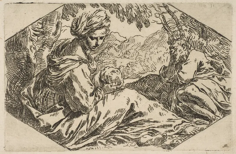 Repose in Egypt, Mary holding and looking at the infant Christ while St. Joseph sleeps Wall Art by Simone Cantarini - High-Resolution Digital Print