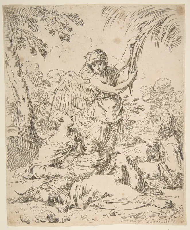 Repose in Egypt, Mary nursing the infant Christ while an angel pulls at tree branches Wall Art by Simone Cantarini - High-Resolution Digital Print