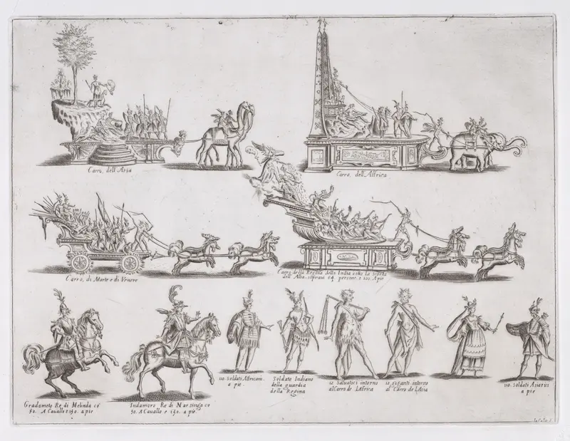Reprint of Le Chars et Les Personnages (The Chariots and The Characters), from La Guerre d'Amour (Guerra d'Amore) (War of Love) by Jacques Callot - High-Resolution Digital Print