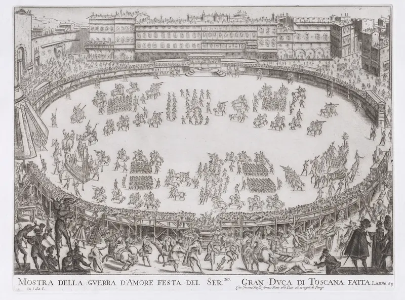 Reprint of Le Défilé Entrée des Chars de l'Afrique et de l'Aise (The Entrance Parade of the Chariots of Africa and Asia), from La Guerre d'Amour (Guerra d'Amore) (War of Love) by Jacques Callot - High-Resolution Digital Print