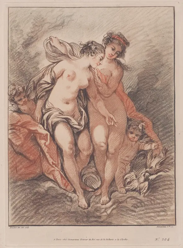 Reproduction of Deux Nymphes et deux Amours regardant des colombes (Two Nymphs and Loves watching two doves) Wall Art by Gilles Demarteau - High-Resolution Digital Print