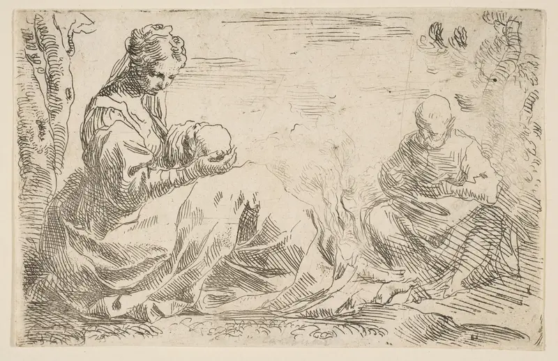 Rest on the flight into Egypt, Mary holding and looking at the infant Christ while St. Joseph reads Wall Art by Simone Cantarini - High-Resolution Digital Print