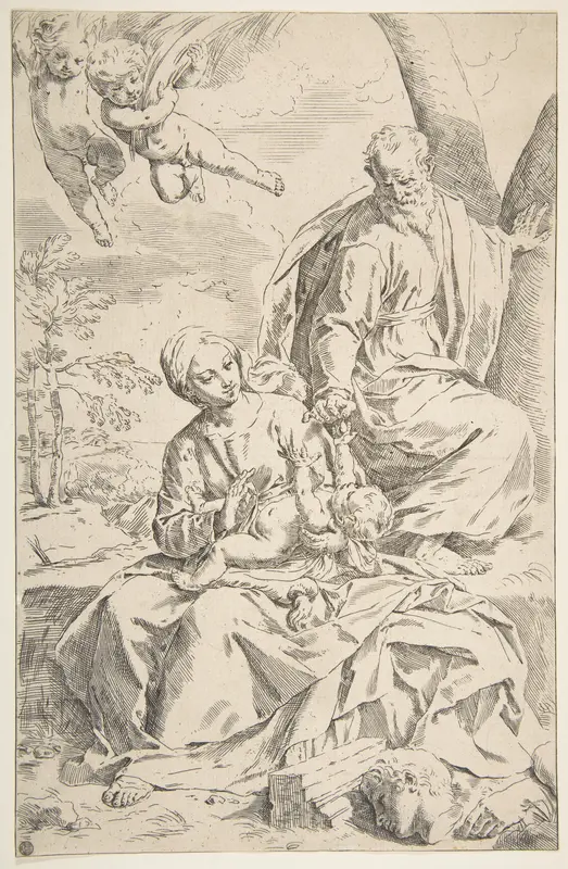 Rest on the flight into Egypt, Mary holding the infant Christ while St. Joseph hands him a fruit Wall Art by Simone Cantarini - High-Resolution Digital Print
