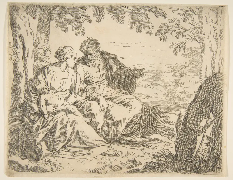 Rest on the flight into Egypt, Mary holding the infant Christ while St. Joseph points into the distance Wall Art by Simone Cantarini - High-Resolution Digital Print