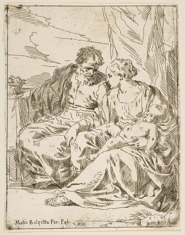 Rest on the flight into Egypt, Mary holding the infant Christ while St. Joseph points into the distance, copy after Cantarini Wall Art by Simone Cantarini - High-Resolution Digital Print
