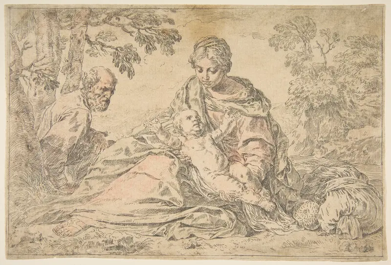 Rest on the flight into Egypt, Mary holding the infant Christ with St. Joseph at left Wall Art by Simone Cantarini - High-Resolution Digital Print