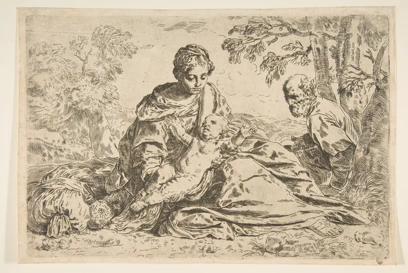 Rest on the flight into Egypt, Mary holding the infant Christ with St. Joseph at right, copy after Cantarini Wall Art by Simone Cantarini - High-Resolution Digital Print