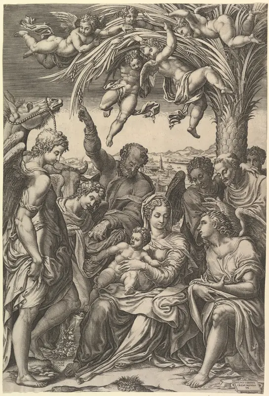 Rest on the Flight into Egypt; the Holy Family under a palm tree surrounded by angels, putti, and a male cleric or saint Wall Art by Giorgio Ghisi - High-Resolution Digital Print