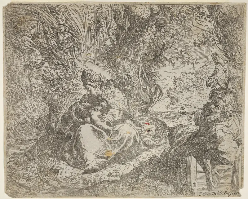 Rest on the flight into Egypt, the Virgin seated on grass in a grove with the Christ Child in her lap, at right Joseph reclines and points toward them, a donkey beyond Joseph Wall Art by Camillo Procaccini - High-Resolution Digital Print