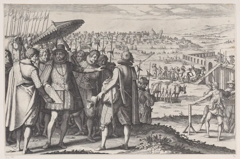 Restauration de L'Aqueduc de Pise (Restoring the Aqueduct in Pisa), from "La Vie de Ferdinand Ier de Médicis série appelée aussi Les Batailles des Médicis" (The Life of Ferdinand I de'Medici also called The Medici Battles) Wall Art by Jacques Callot - High-Resolution Digital Print