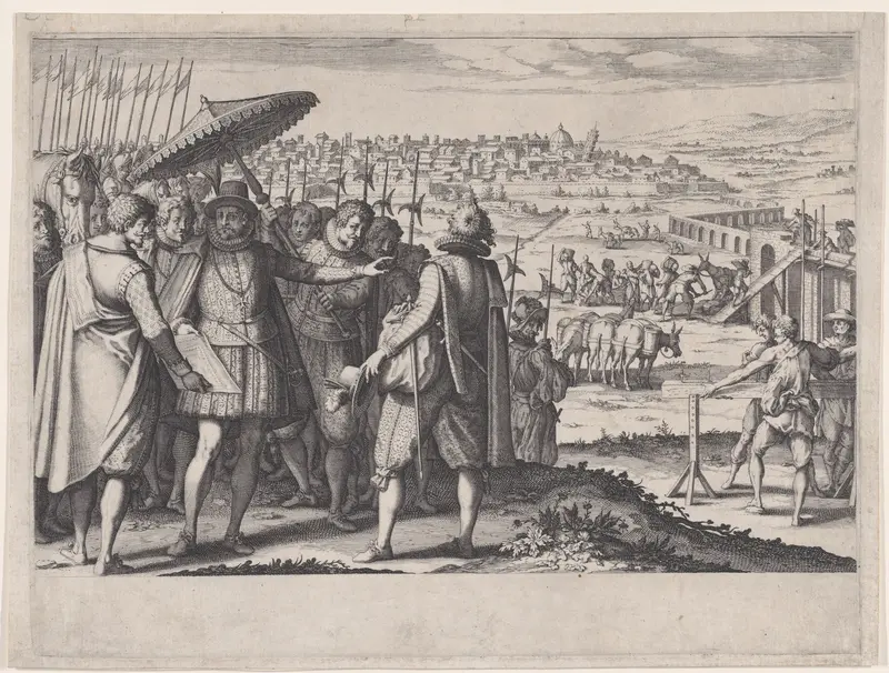 Restauration de L'Aqueduc de Pise (Restoring the Aqueduct in Pisa), from La Vie de Ferdinand Ier de Médicis série appelée aussi Les Batailles des Médicis (The Life of Ferdinand I de'Medici also called The Medici Battles) Wall Art by Jacques Callot - High-Resolution Digital Print