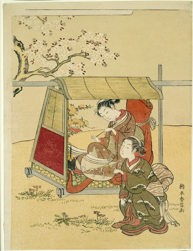 Resting in a Palanquin Beneath Cherry Blossoms Wall Art by Suzuki Harunobu - High-Resolution Digital Print