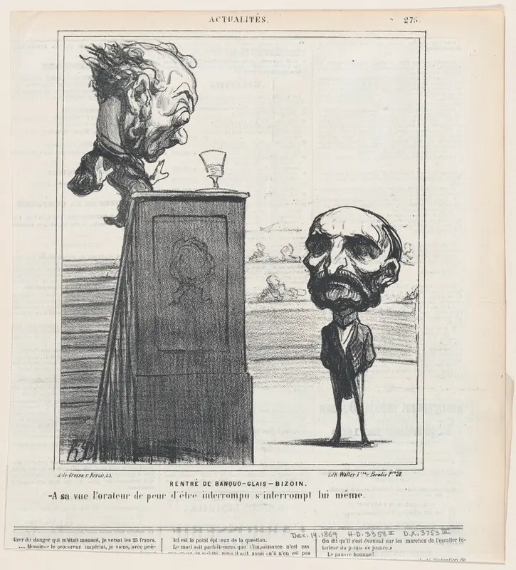Return of Banquo-Clais-Bizoin: When seeing him, the speaker in fear of being interrupted, interrupts his speech himself, from 'News of the day,' published in Le Charivari, December 14, 1869 Wall Art by Honoré Daumier - High-Resolution Digital Print