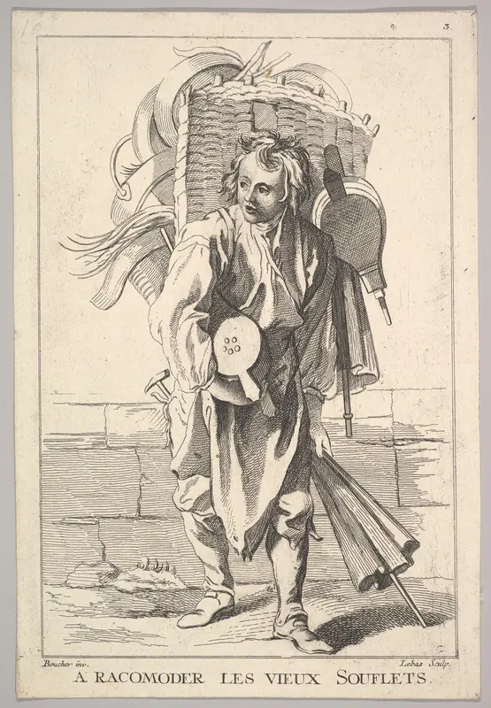Reverse copy of A Racomoder les Vieux Souflets (Mend the Old Bellows), plate 3 from "Le Cris de Paris" (The Cries of Paris) Wall Art by Jacques Philippe Le Bas - High-Resolution Digital Print