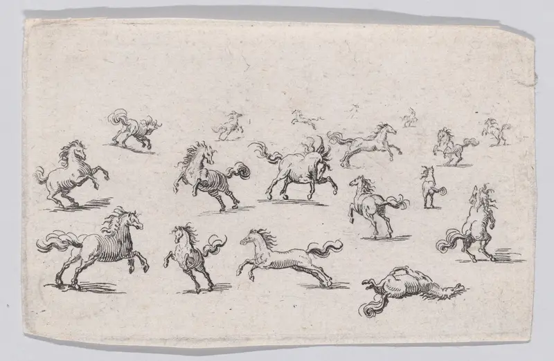 Reverse Copy of Chevaux Courant en Liberté (Horses Running Freely), from "Les Caprices" Wall Art by Anonymous - High-Resolution Digital Print