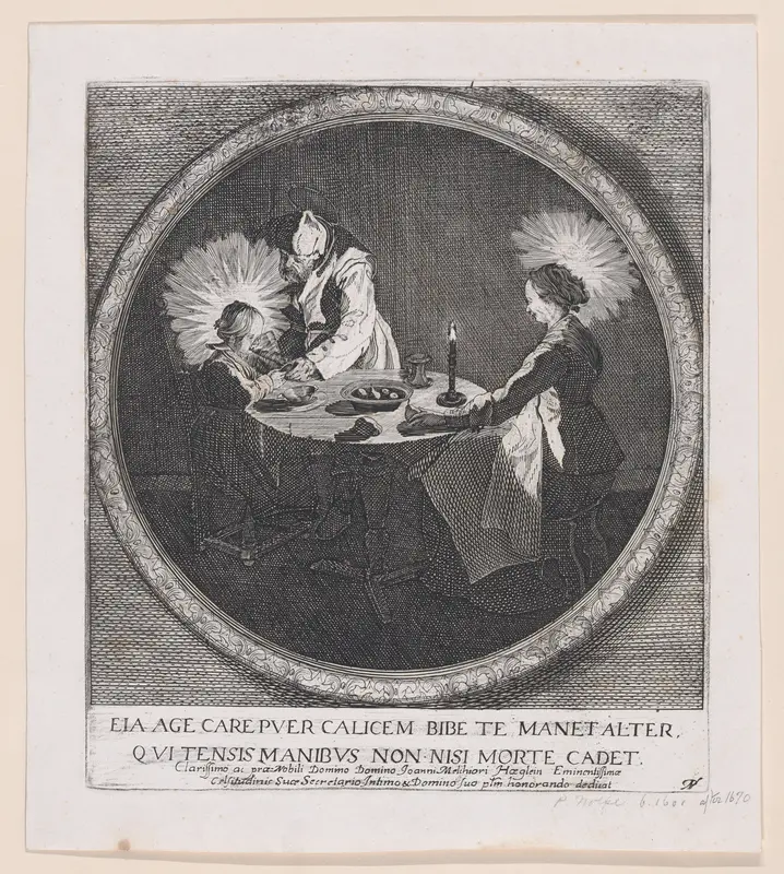 Reverse Copy of Le Benedicite, estampe appelée aussi La Sainte Famille a Table et St. Joseph Faisant Boire L'Enfant Jésus (The Grace, also called The Holy Family at the Table and St. Joseph Giving the Christ Child a Drink) Wall Art by Pieter Nolpe - High-Resolution Digital Print