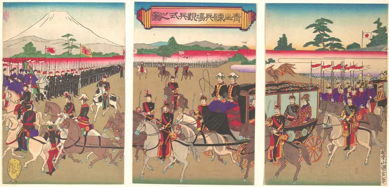 Review of Troops at the Aoyama Training Grounds Wall Art by Utagawa Kunimasa V (Baidō Kokunimasa) - High-Resolution Digital Print