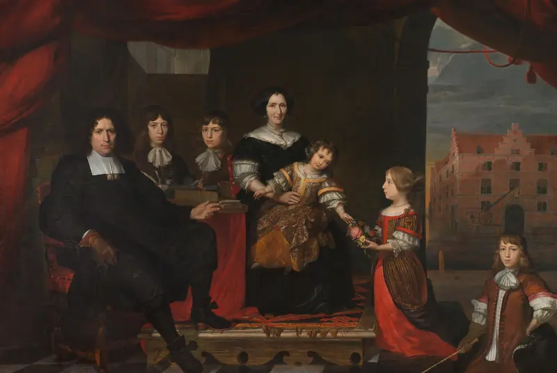 Reyer Reyersz van der Burch (1630-1695), commies van de Ammunitie aan de Generaliteitsmagazijnen te Delft, met zijn vrouw Geertruid Graswinckel en hun kinderen Frank, Cornelis, Reyer, Maria en Alida Wall Art by Unknown - High-Resolution Digital Print