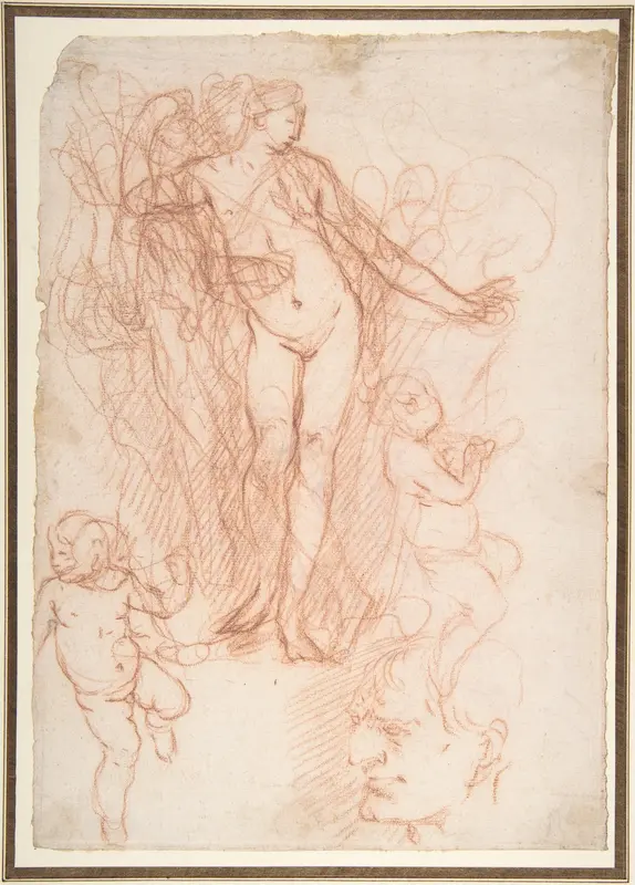 (R.)Figure Studies: Standing Nude Figure, Putti, and a Man's Head (V.) Figure Studies: A Flying and a Standing Man Wall Art by Giulio Carpioni - High-Resolution Digital Print