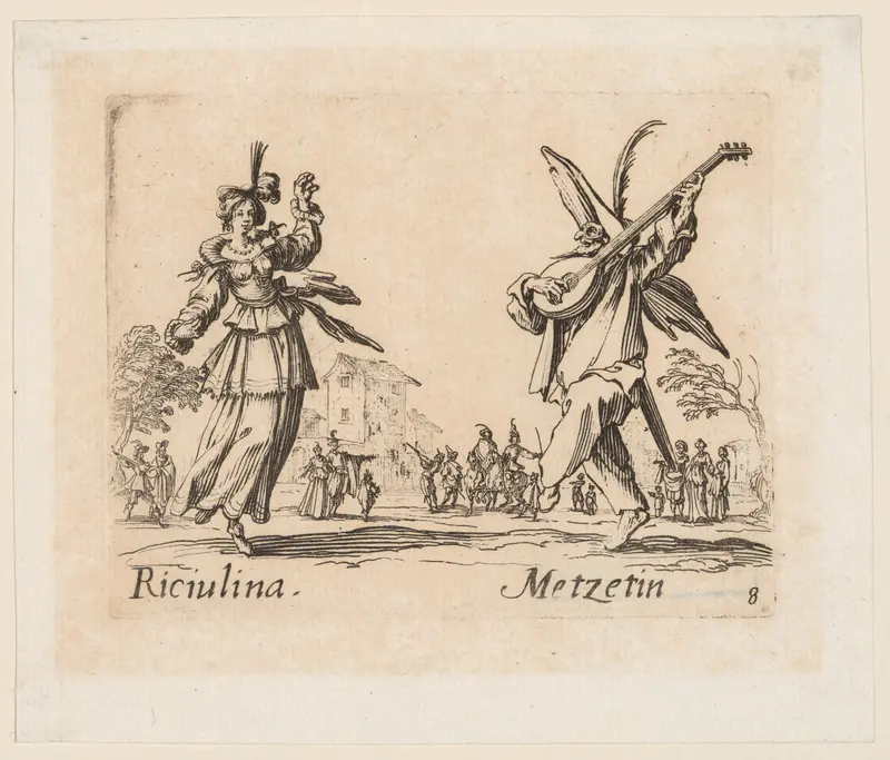 Riciulina and Metzetin, plate 8 from "Balli di Sfessania" (Dance of Sfessania) Wall Art by Jacques Callot - High-Resolution Digital Print