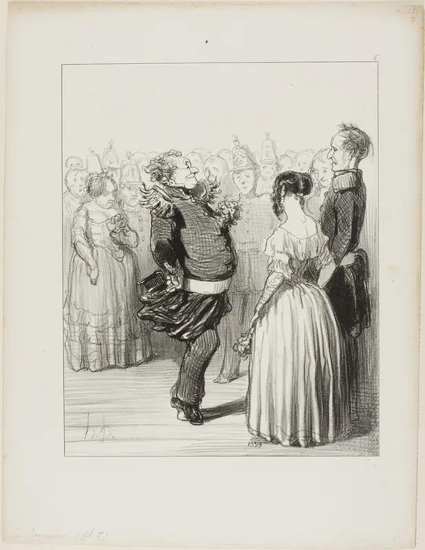 Rifolard opens the ball and executes a bold dancing step forward, which receives widespread praise, plate 5 from Les Banqueteurs