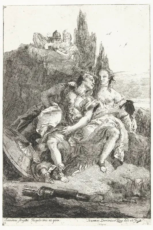 Rinaldo en Armida als liefdespaar aangetroffen bij een meer door twee ridders Wall Art by Unknown - High-Resolution Digital Print