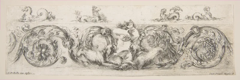 Rinceaux with Child Frightened by Dogs, plate 8 from "Decorative friezes and foliage" (Ornamenti di fregi e fogliami) Wall Art by Stefano della Bella - High-Resolution Digital Print