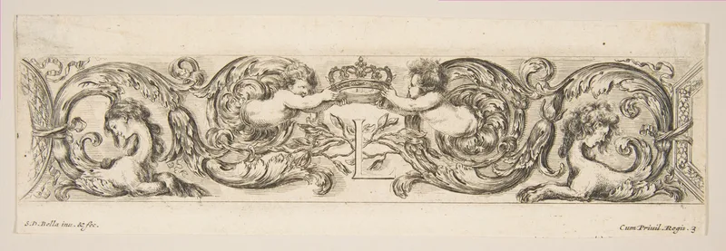 Rinceaux with Two Children Holding a Royal Crown Over the Letter "L," plate 3 from "Decorative friezes and foliage" (Ornamenti di fregi e fogliami) Wall Art by Stefano della Bella - High-Resolution Digital Print