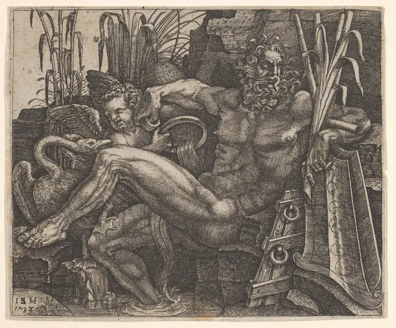 River God Po reclining on a rocky bank, a winged putto and long-necked water bird stand behind his legs Wall Art by Giovanni Battista Scultori - High-Resolution Digital Print