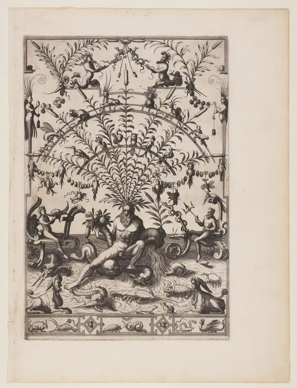 River God with Cornucopia and Stone Jar, from Veelderleij niewe inventien... Wall Art by Johannes van Doetecum - High-Resolution Digital Print
