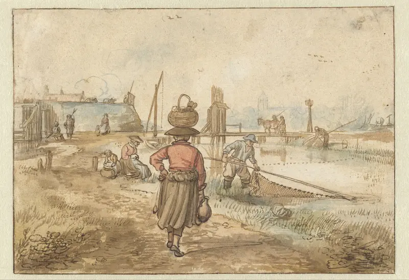River Landscape with a Woman Carrying a Basket on her Head, Fishermen and Other Figures near the Walls of a Town Wall Art by Hendrick Avercamp - High-Resolution Digital Print